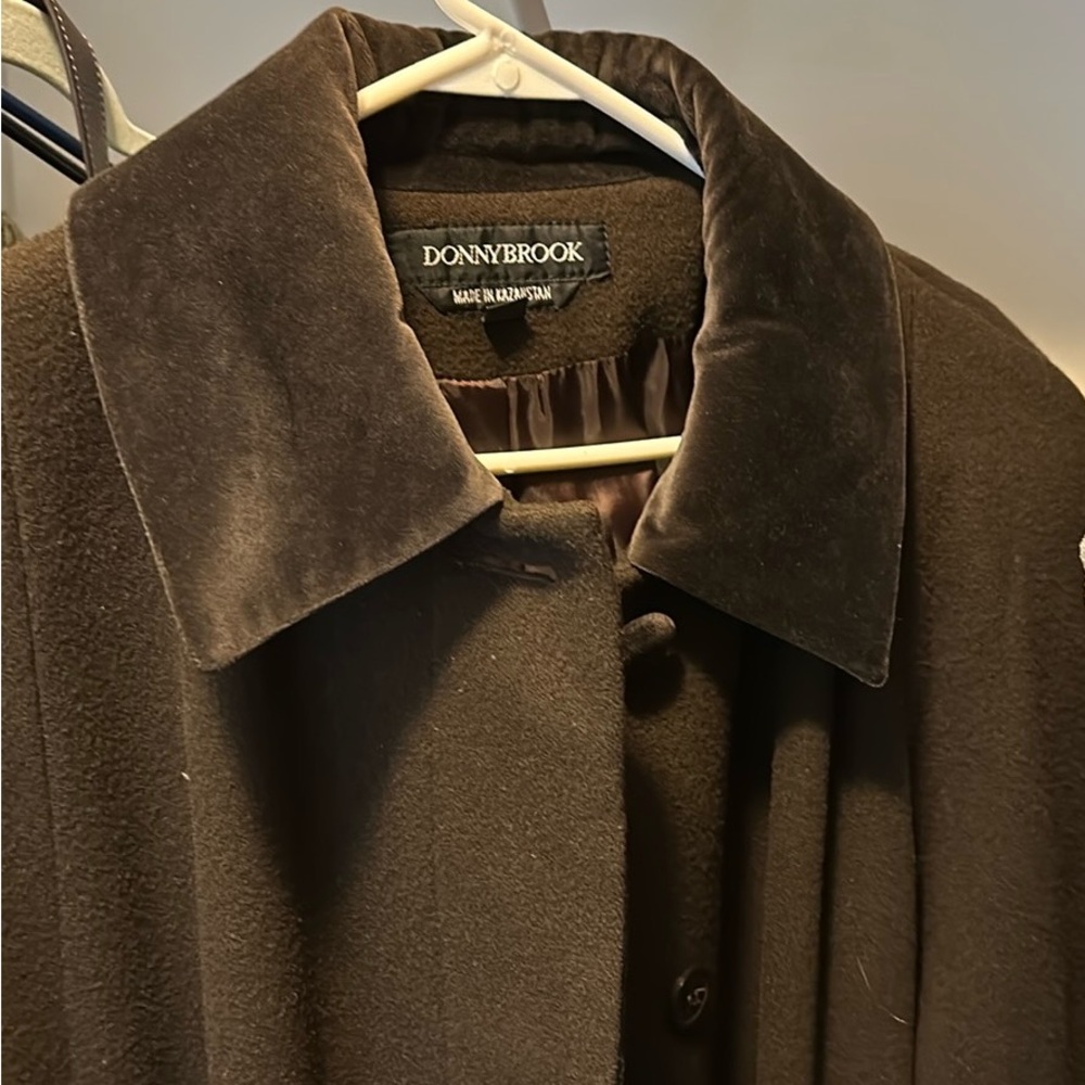 Donnybrook Wool Coat Long Brown with Hidden Buttons Pockets & Velvet Trim (10)